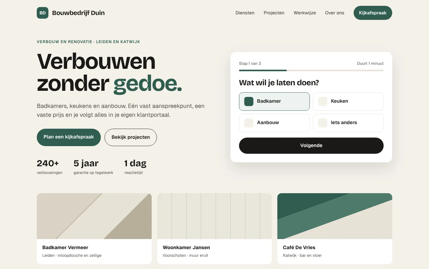 Voorbeeldwebsite van een bouwbedrijf met een aanvraag in stappen